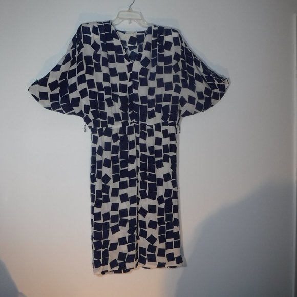 v-neck chiffon kimono-style geometric-print dress, vintage 1970s-1980s - Picture 7 of 16